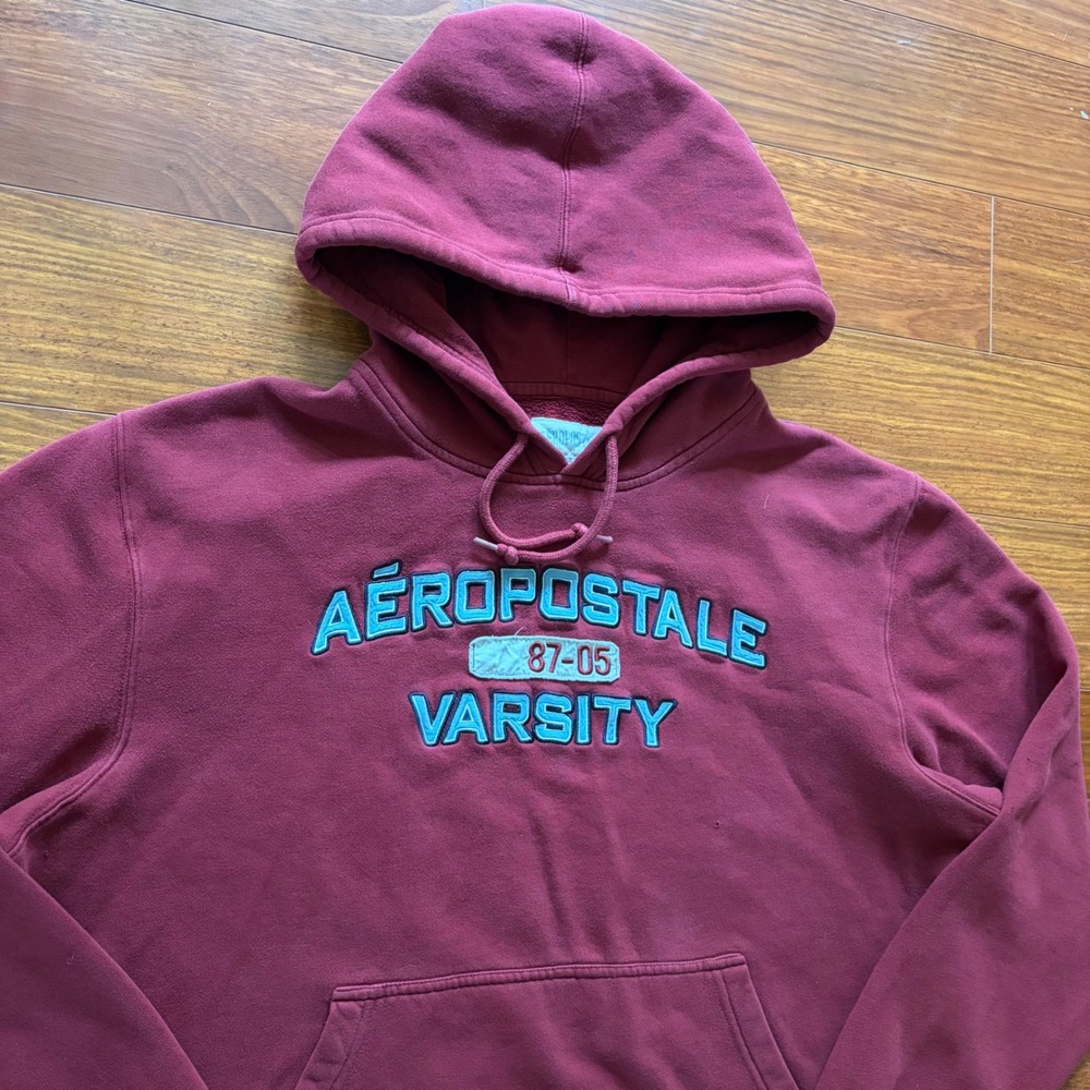 Aeropostale Y2K Varsity Embroidered Spellout Hoodie Maroon Pullover Sweatshirt
